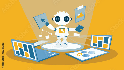 Illustration of a robot surrounded by floating screens and a laptop on a yellow background