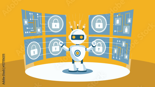 Robot standing in front of screens displaying locks and network connections in a cyber security theme