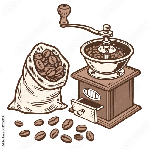 Coffee Beans and Grinder Retro Vector Composition

