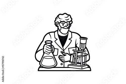 Scientist in Lab Coat with Beaker and Microscope Silhouette