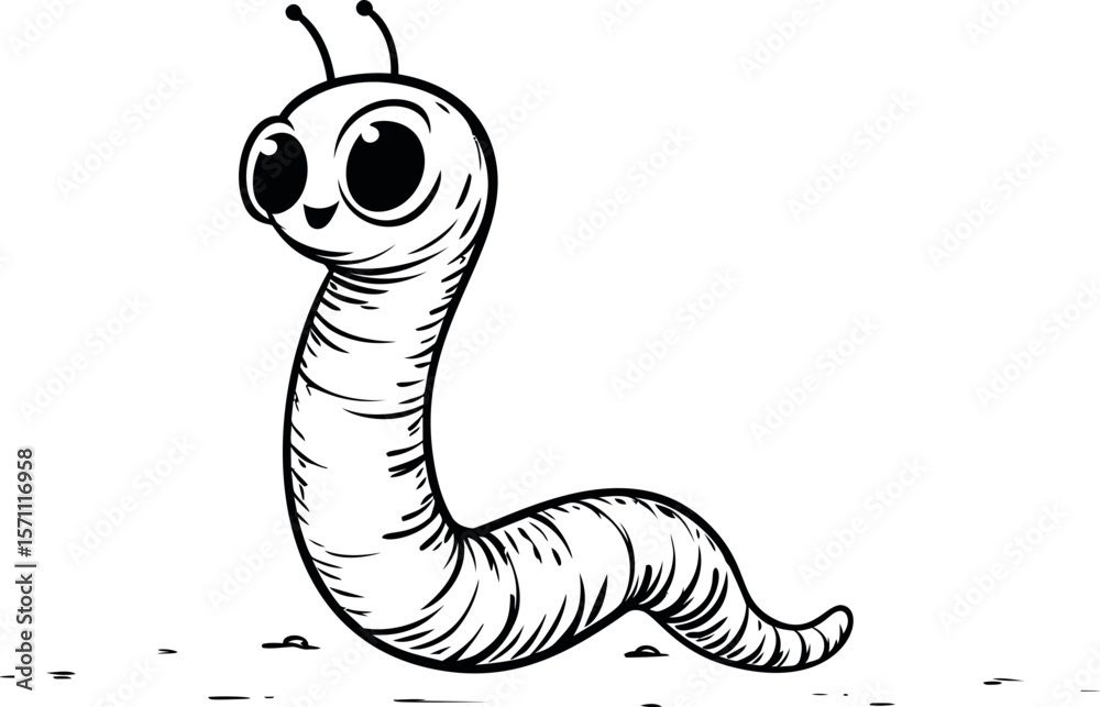 Fototapeta premium Happy cartoon worm with big eyes, black and white illustration