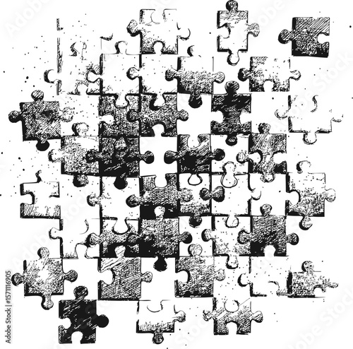 Monochrome scattered puzzle pieces with sketch effect, abstract illustration