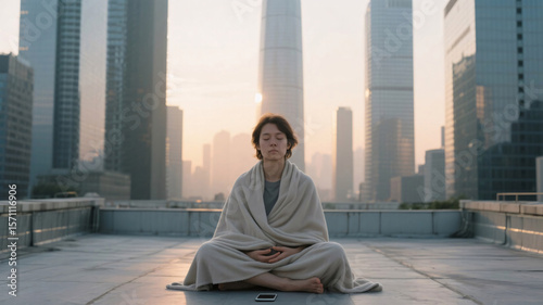 Serene rooftop meditation at sunrise — modern ascetic lifestyle without devices in the heart of a tall metropolitan landscape

