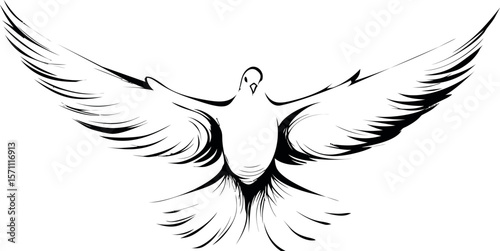 Line art of a flying dove with outstretched wings in black and white