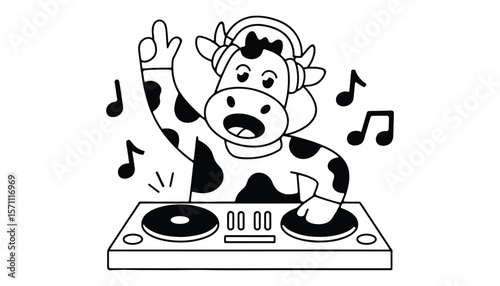 DJ Cow Party Illustration with Headphones and Music