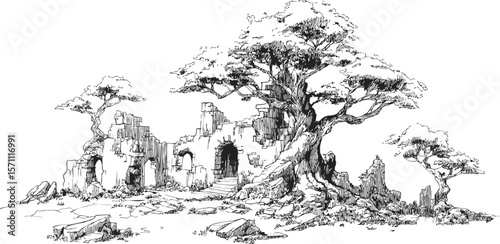 Ancient ruins with large tree and rocky landscape in detailed black ink sketch