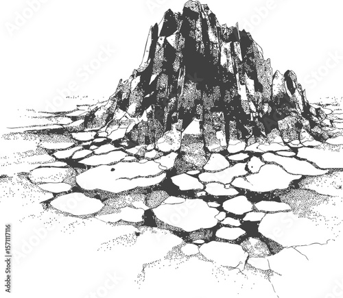 Monochrome illustration of a rugged mountain with cracked terrain sketch