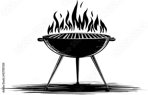 Black and white illustration of a flaming charcoal grill with an artistic pattern