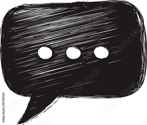 Hand-drawn black speech bubble with three white ellipsis on textured background