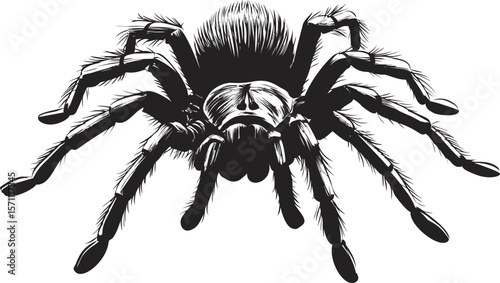 Realistic black and white illustration of a tarantula spider with detailed hairs