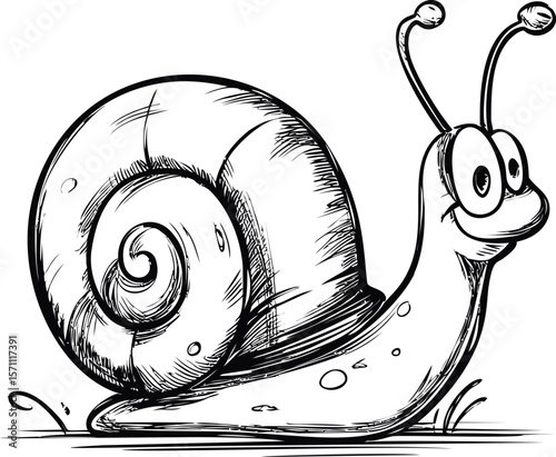 Black and white illustration of a smiling cartoon snail with large eyes