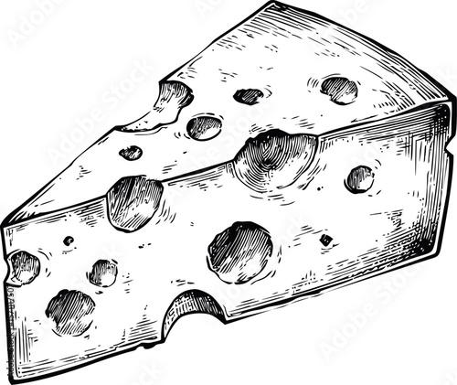 Detailed sketch of a swiss cheese slice with large holes, black and white illustration