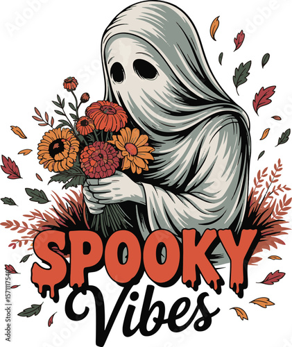 ghost with flower art design illustration premium quality