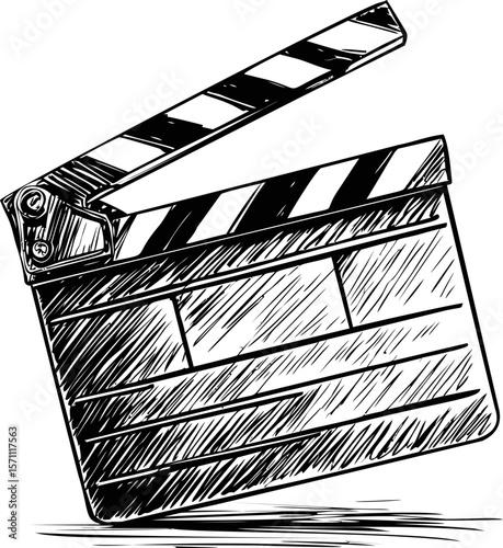 Black and white sketch of a film clapperboard indicating cinematic action