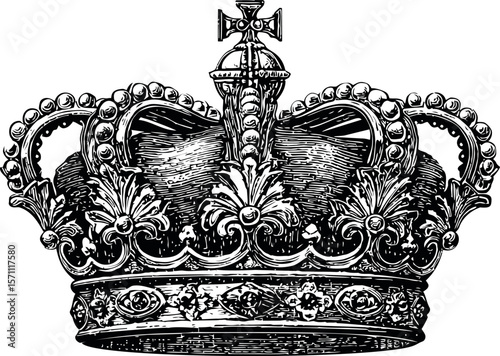Vintage black and white illustration of an ornate royal crown design