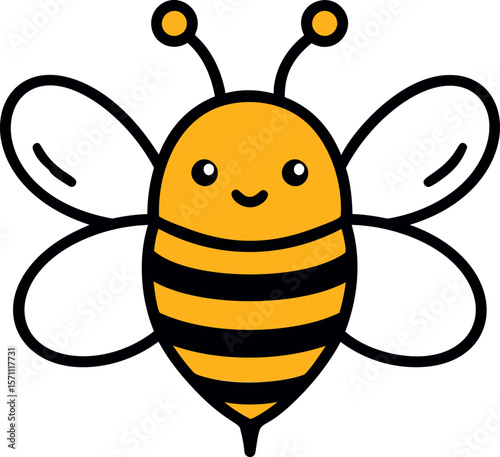 Cute cartoon bee with smile, yellow and black stripes, simple design