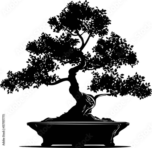 Black silhouette of a bonsai tree in a planter, artful and serene design