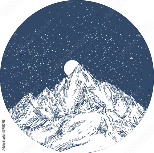 Graphic illustration of snowy mountain peak under starry night sky