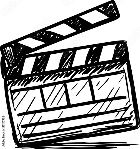 Black and white sketch of a clapperboard with bold lines and shading