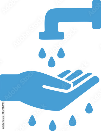 Blue icon of handwashing under a water tap with droplets falling