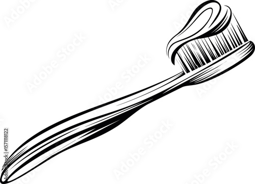 Black and white illustration of a toothbrush with toothpaste sketch art