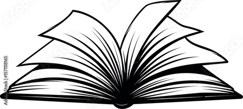 Open black and white book illustration with flying pages, vector graphic