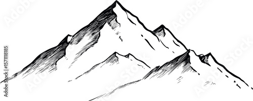 Black and white sketch of mountain range with multiple peaks and rugged details