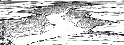 Abstract black and white illustration of a canyon with layered lines