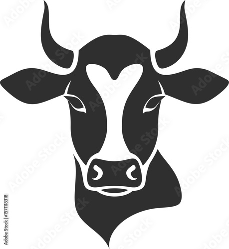Black and white cow head silhouette with prominent horns, simple vector art