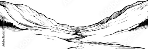 Black and white sketch of a mountainous valley with a serene stream