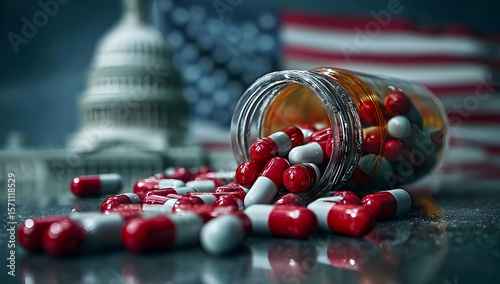 A dynamic image of scattered capsules on a reflective surface, with a backdrop of the U.S. Capitol and flag representing health debates.