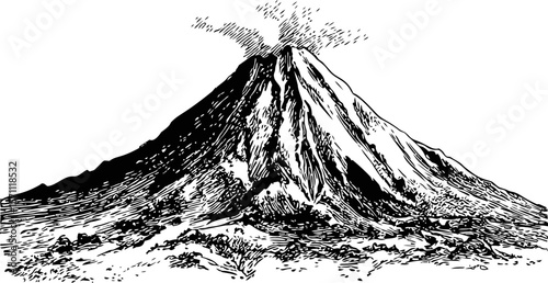 Black and white illustration of an erupting volcano with smoke clouds