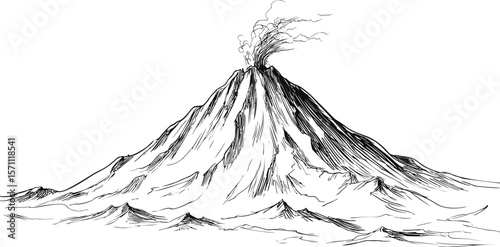 Erupting volcano sketch with smoke rising above jagged peaks in monochrome