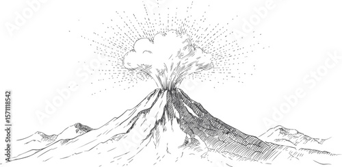 Volcano eruption with smoke and lava in detailed black and white sketch