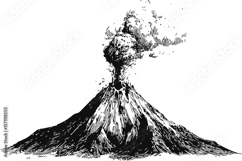 Monochrome illustration of erupting volcano with smoke and ash plume