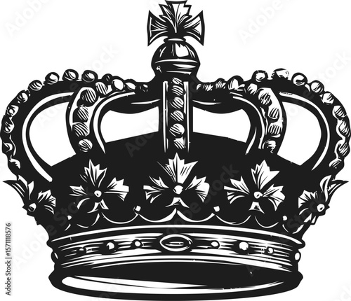 Black and white illustration of an ornate royal crown with detailed design