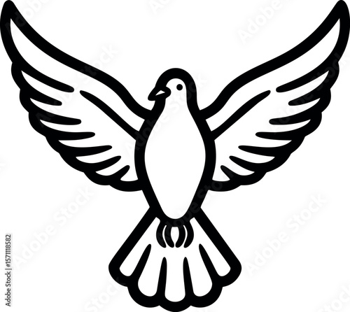 Black and white outline of a flying dove with spread wings, symbol of peace