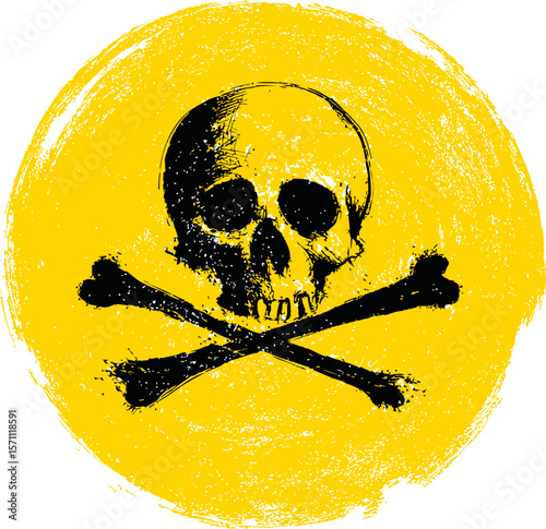 Grunge skull and crossbones on yellow paint background, pirate theme illustration