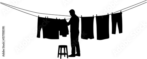 Man Standing by Drying Laundry with Stool Silhouette
