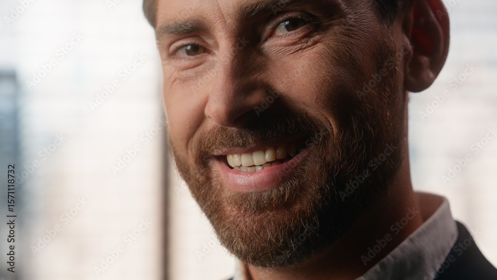 Obraz premium Portrait at office Caucasian man business male corporate formal employer company work looking at camera smiling happy confident businessman guy manager entrepreneur job ceo smile healthy teeth invest