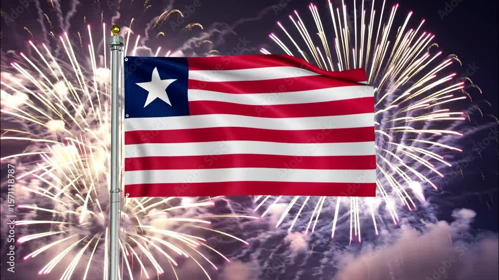 National flag independence state Liberia, background fireworks. AI Generative