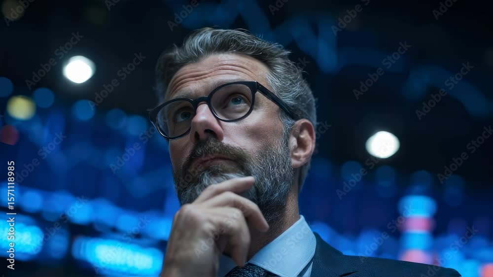 Business leader surrounded by hightech visuals on a digital display deep in thought while interpreting stock market trends and performance metrics for strategic planning.