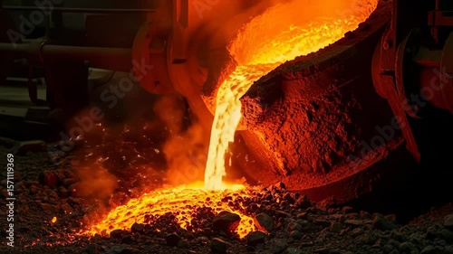 Bright molten metal pours from a large industrial ladle creating intense heat and glowing sparks in a dark factory.