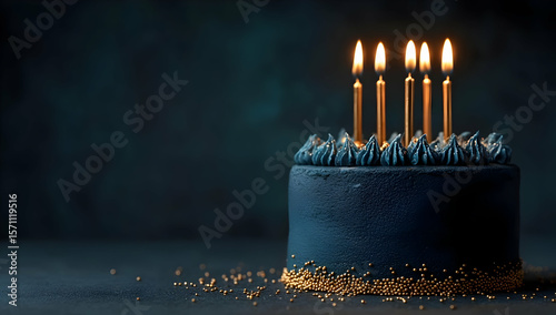 A beautiful navy blue birthday cake with lit candles, elegantly decorated and ready for celebration and enjoyment.