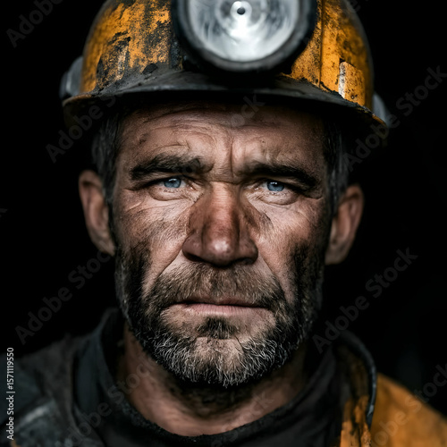 A close-up portrait of a rugged miner in a hard hat, showcasing determination and resilience in a challenging environment.