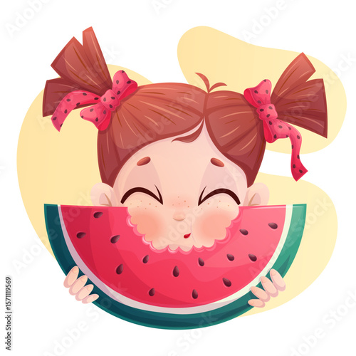 A sweet, contented girl holds a piece of watermelon. The concept of summer, childhood. Isolated vector illustration of the design of postcards, banners, advertisements, covers
