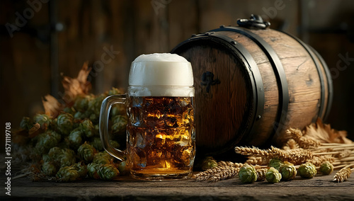 A refreshing beer served in a glass mug, with a frothy head, alongside a wooden barrel and hops for an authentic brewery feel.