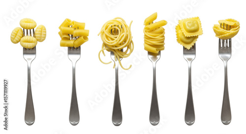 Various types of pasta served on forks isolated on transparent background