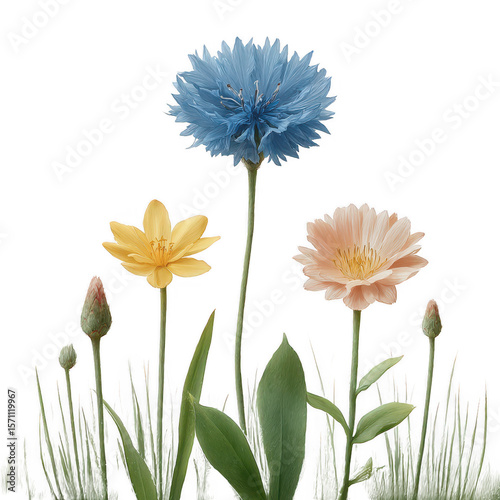 A vibrant display of spring flowers featuring blue, yellow, and peach tones, surrounded by fresh green leaves on a white isolated background.