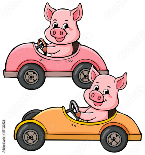 Cute cartoon pigs racing with cars 